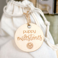 Load image into Gallery viewer, puppy milestone Doodle Dog Town tag on cream colored bag
