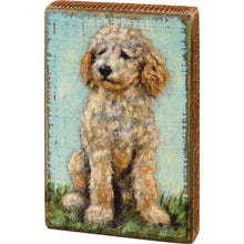 Load image into Gallery viewer, vintage looking rustic block sign with a pale blue background and a cute goldendoodle dog
