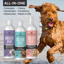 Load image into Gallery viewer, All-in-One, Detangles, Cleans, Deodorizes, Conditions, Moisturizes, Made in the USA, bottles next to wet red dog running
