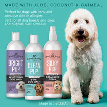 Load image into Gallery viewer, Made with aloe, coconut &amp; oatmeal. Perfect for dogs with itchy and sensitive skin or allergies. Safe for all dog breeds and sizes, and puppies over 12 weeks. Made in USA. Bottles on teal background next to white doodle dog.
