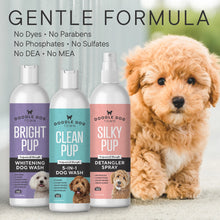 Load image into Gallery viewer, Gentle Formula, No dyes, No parabens, No phosphates, No sulfates, No DEA, No MEA, bottles next to little doodle puppy

