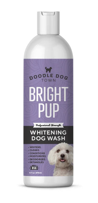 Doodle Dog Town Bright Pup Professional Strength Whitening Dog Wash Shampoo white bottle with purple label and photo of white fluffy dog on label