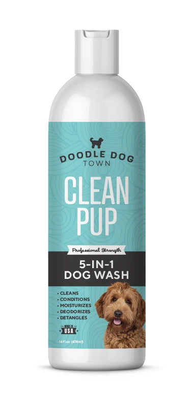a single bottle of Doodle Dog Town Clean Pup Professional Strength 5-in-1 Dog Wash. Bright aqua blue label with brown goldendodle dog on front
