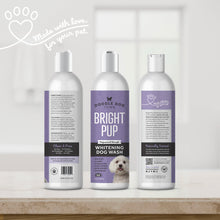 Load image into Gallery viewer, Made with love for your pet written in script by a heart paw graphic in top left. Bright Pup Whitening Dog Wash bottle shown three times, so all sides of label are shown. The bottles are sitting on bathroom counter with white blurred window in background
