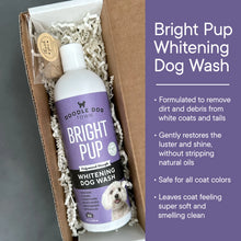 Load image into Gallery viewer, Bright Pup Whitening Dog Wash bottle inside box lying on top of crinkle paper like a gift box. Right side has description bullet points about the product.
