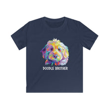 Load image into Gallery viewer, Adorable colorful illustration pop art of a golden doodle face with the words &quot;doodle brother&quot; in white underneath it on a navy blue kids T-shirt
