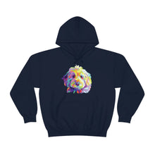 Load image into Gallery viewer, colorful Goldendoodle dog graphic on navy blue hoodie sweatshirt
