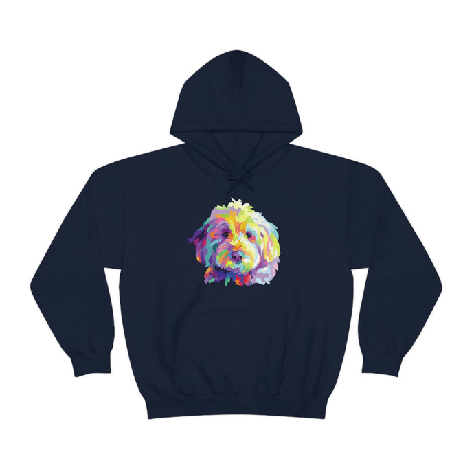 colorful Goldendoodle dog graphic on navy blue hoodie sweatshirt