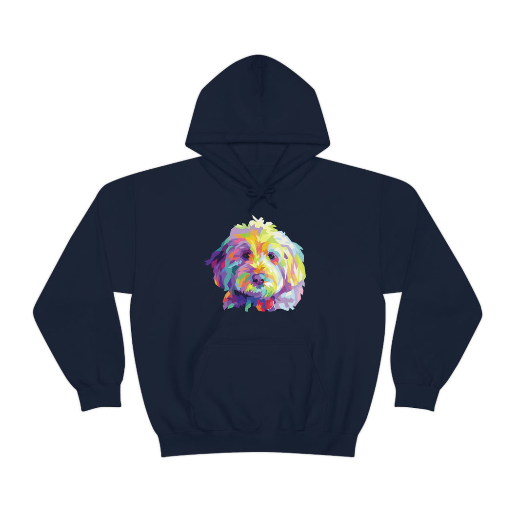 colorful Goldendoodle dog graphic on navy blue hoodie sweatshirt