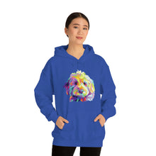 Load image into Gallery viewer, colorful Goldendoodle dog graphic on royal hoodie sweatshirt worn by asian woman with hands in her pockets
