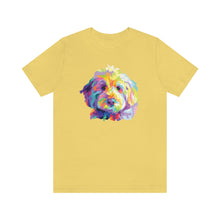 Load image into Gallery viewer, yellow t-shirt with colorful Goldendodle dog pop art graphic on front
