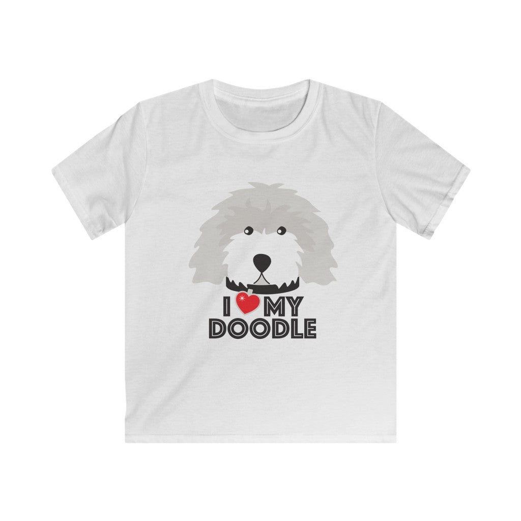 Light gray illustration of golden doodle with I heart my doodle words underneath it, the red heart is also the tag of the collar on the dog on a kids t-shirt