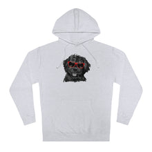 Load image into Gallery viewer, black bernedoodle dog with red sunglasess illustration on front of hoodie

