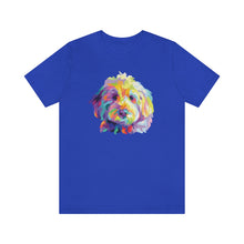 Load image into Gallery viewer, royal blue t-shirt with colorful Goldendodle dog pop art graphic on front
