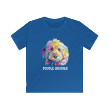 Load image into Gallery viewer, Adorable colorful illustration pop art of a golden doodle face with the words &quot;doodle brother&quot; in white underneath it on a royal blue kids T-shirt
