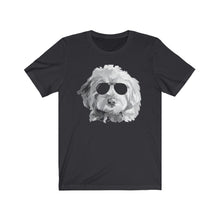 Load image into Gallery viewer, black t-shirt wtih black and white goldendoodle illustration. The dog is wearing black sunglasses.
