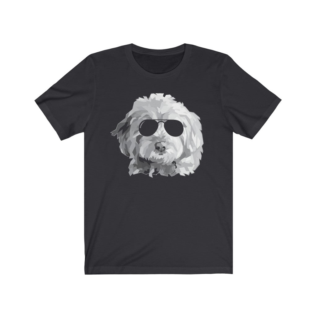 black t-shirt wtih black and white goldendoodle illustration. The dog is wearing black sunglasses.