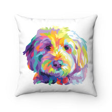 Load image into Gallery viewer, colorful Goldendoodle dog graphic on white square throw pilllow

