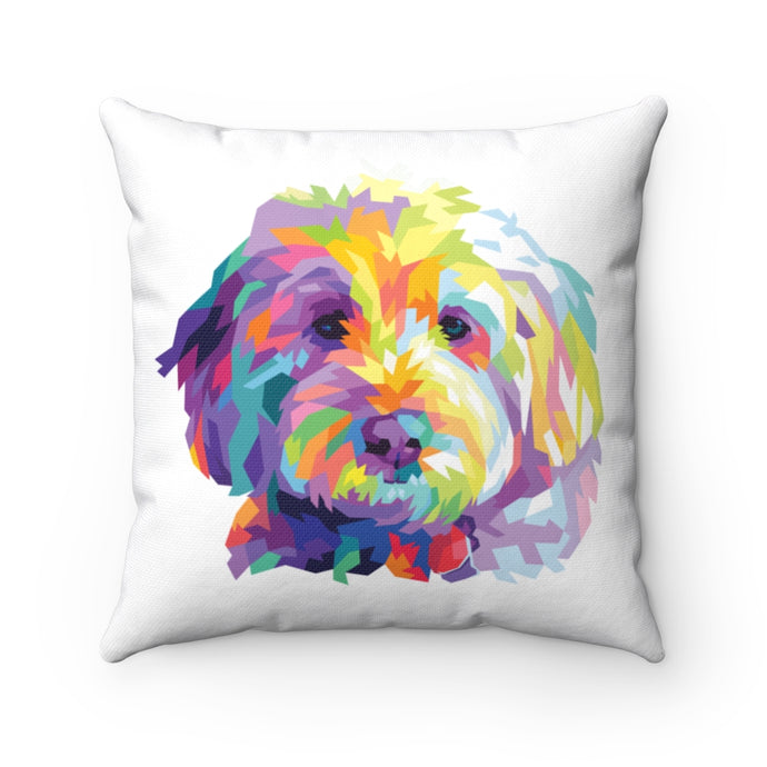colorful Goldendoodle dog graphic on white square throw pilllow