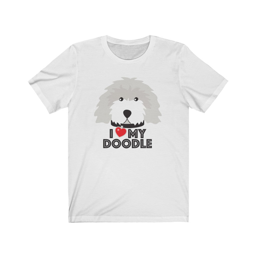 Light gray illustration of golden doodle with I heart my doodle words underneath it, the red heart is also the tag of the collar on the dog