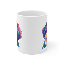 Load image into Gallery viewer, white ceramic mug showing both sides of multicolored illustration of a Bernedoodle dog or Goldendoodle dog 
