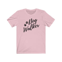 Load image into Gallery viewer, Black trendy script font That reads dog walker with to pause on the left side on a pink T-shirt
