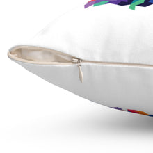 Load image into Gallery viewer, close up of open zipper on white polyester pillow with colorful graphics shown on both side
