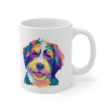 Load image into Gallery viewer, multicolored illustration of a Bernedoodle dog or Goldendoodle dog on a white ceramic mug, handle on right side
