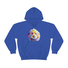 Load image into Gallery viewer, colorful Goldendoodle dog graphic on royal blue hoodie sweatshirt
