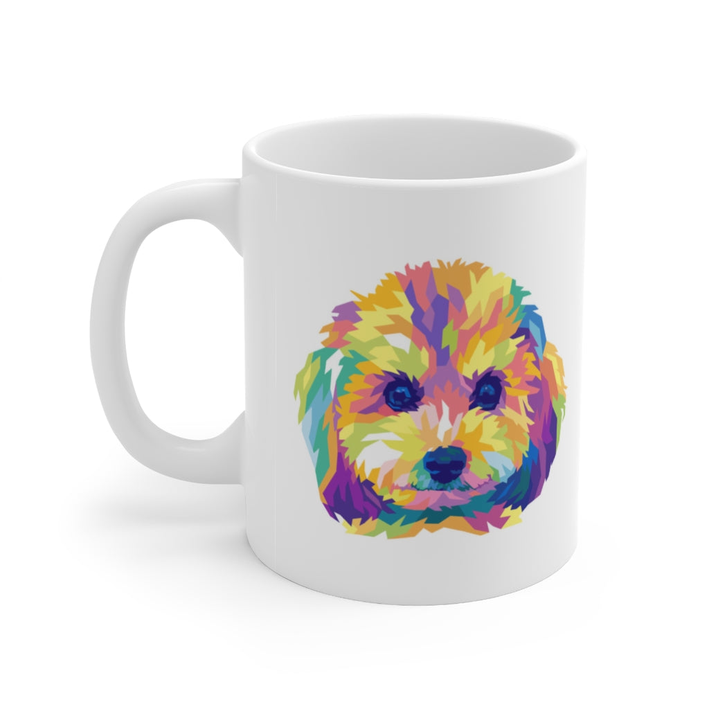 colorful Cavapoo dog pop art illustration on white mug with handle on left side