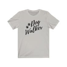 Load image into Gallery viewer, Black trendy script font That reads dog walker with to pause on the left side on a light tan T-shirt
