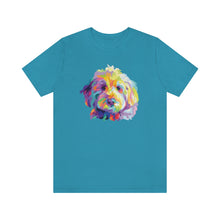 Load image into Gallery viewer, aqua blue colored t-shirt with colorful Goldendodle dog pop art graphic on front
