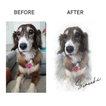 Load image into Gallery viewer, photo of black, white and tan dog &quot;before&quot; and then custom pet portrait &quot;after&quot; with cursive font reading Scacchi, the dog&#39;s name
