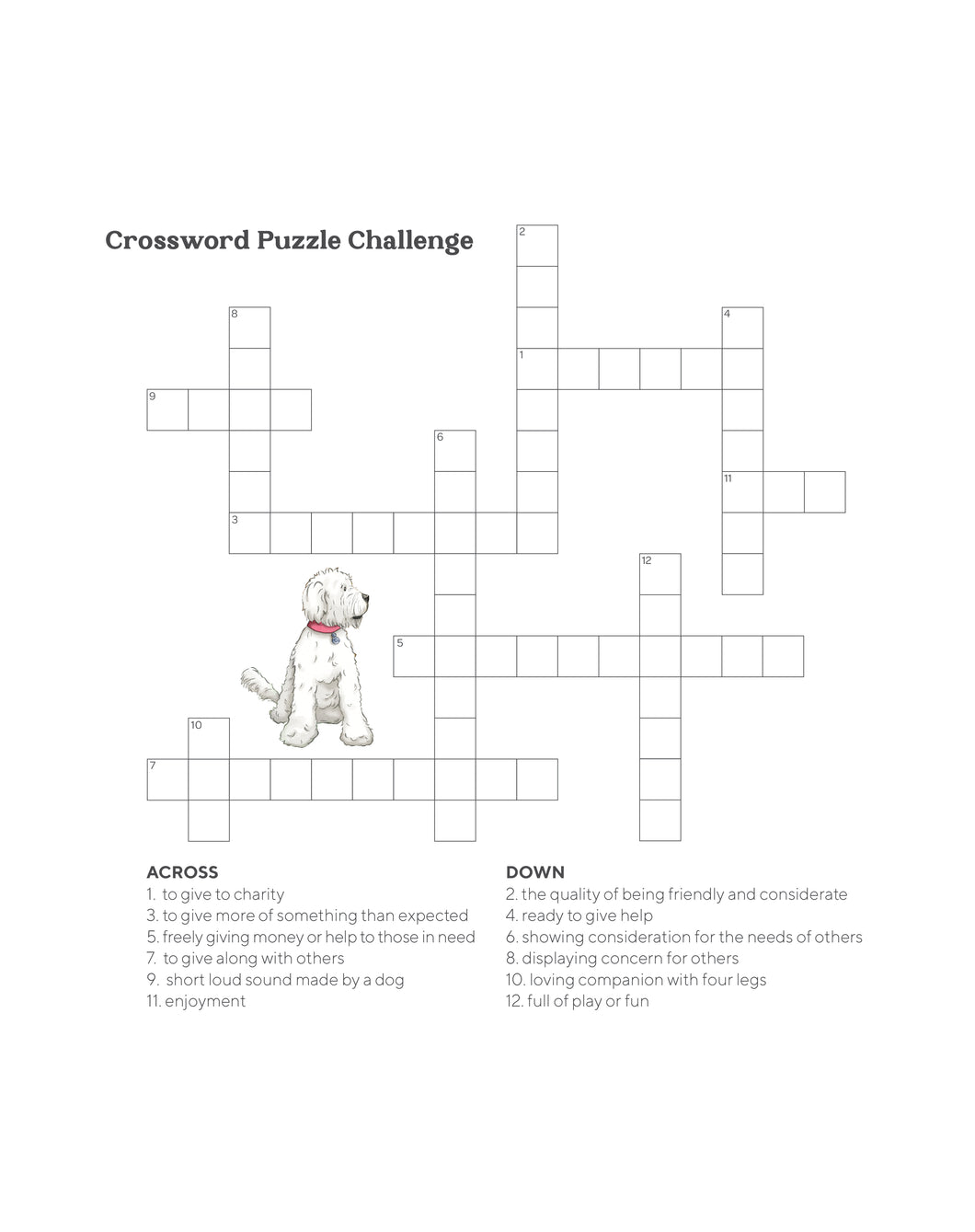 Crossword Puzzle Challenge with cute white dog illustration. There are six words going across and six words going down