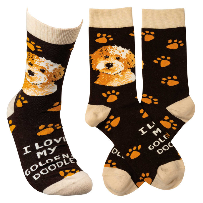 black and tan socks with goldendoodle face and paws that reads I Love My Goldendoodle
