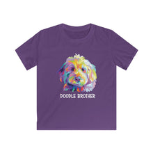 Load image into Gallery viewer, Adorable colorful illustration pop art of a golden doodle face with the words &quot;doodle brother&quot; in white underneath it on a purple kids T-shirt
