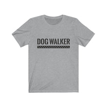 Load image into Gallery viewer, black text that reads &quot;dog walker&quot; in a cool Army-like font with A trail of paw prints inside a rectangle underneath the text on gray T-shirt
