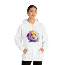 Load image into Gallery viewer, colorful Goldendoodle dog graphic on white hoodie sweatshirt worn by asian woman with hands in her pockets
