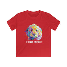Load image into Gallery viewer, Adorable colorful illustration pop art of a golden doodle face with the words &quot;doodle brother&quot; in white underneath it on a red kids T-shirt
