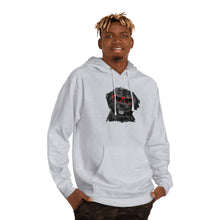 Load image into Gallery viewer, oung african american man wearing light gray hoodie sweatshirt with both hands in his pockets. He&#39;s wearing camo pants and there is a black dog illustrations with red sunglasses on the front of the hoodie.
