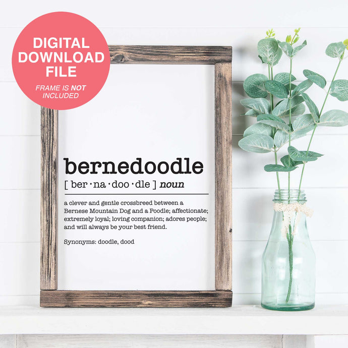 A Bernedoodle Dictionary Definition print inside a rustic farmhouse frame in front of a white shiplap wall with green vase and leaves next to it.