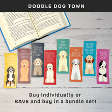 Load image into Gallery viewer, 8 colorful doodle dog bookmarks in a row with an open book above them
