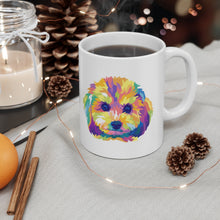 Load image into Gallery viewer, colorful Cavapoo dog pop art illustration on white mug on table with holiday decorations
