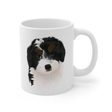 Load image into Gallery viewer, black, white and brown bernedoodle illustration on white mug with handle on right side
