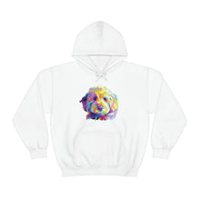 Load image into Gallery viewer, colorful Goldendoodle dog graphic on white hoodie sweatshirt
