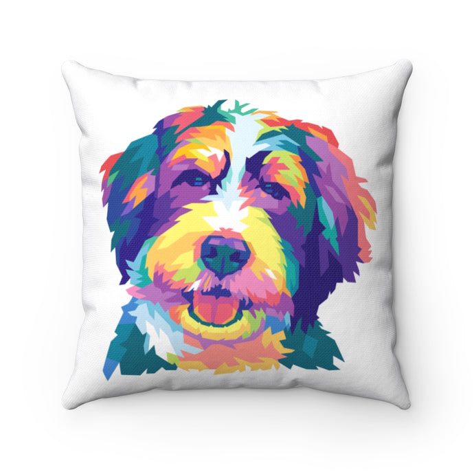 colorful pop art work of doodle dog like bernedoodle, goldendoodle or labradoodle