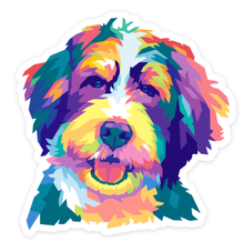Load image into Gallery viewer, A multi-colored happy smiling bernedoodle dog pop art geometric style graphic sticker
