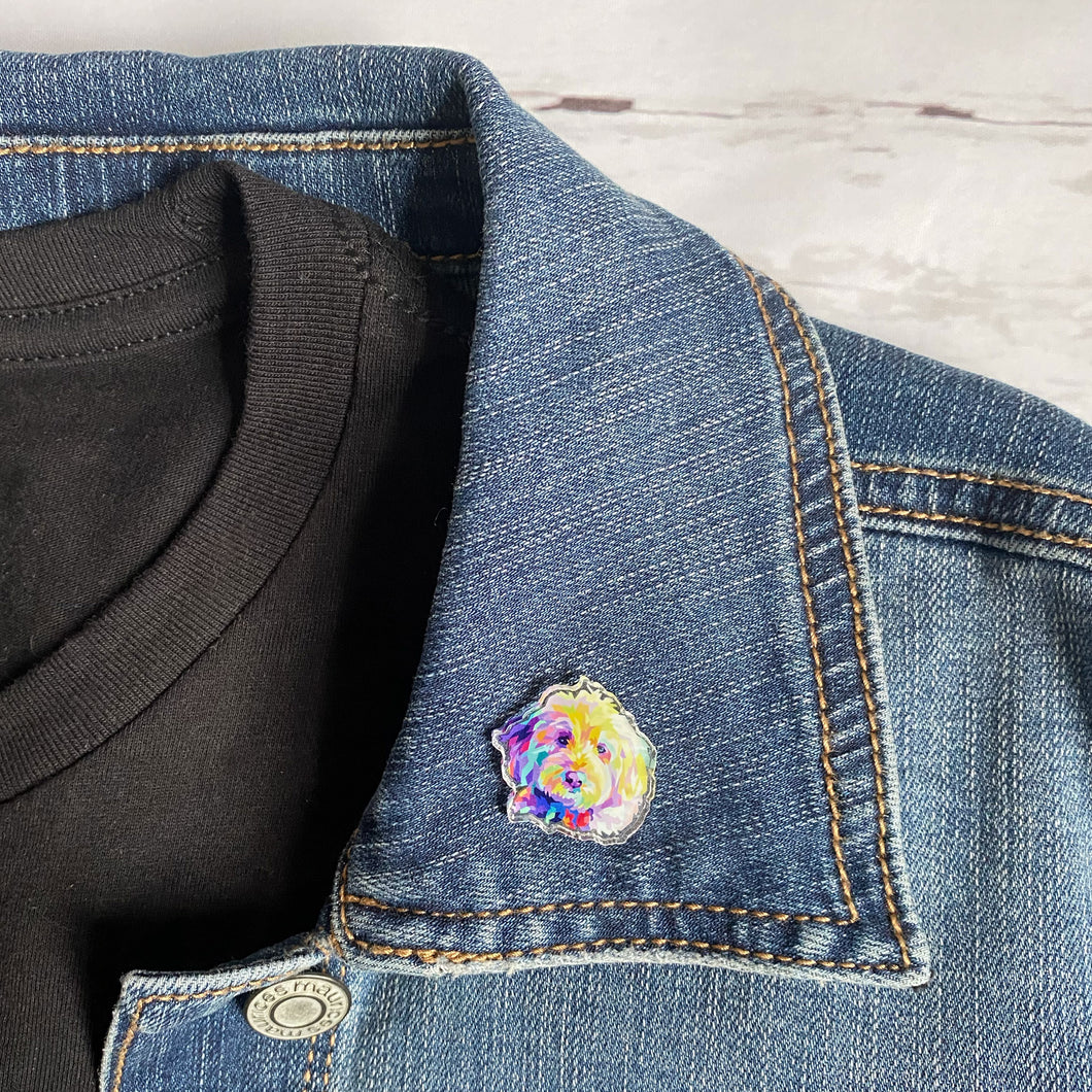 colorful goldendoodle bernedoodle dog acrylic pin on blue jean jacket collar