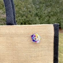 Load image into Gallery viewer, colorful goldendoodle bernedoodle dog acrylic pin on tan burlap bag
