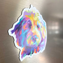 Load image into Gallery viewer, colorful goldendoodle bernedoodle labradoodle dog magnet on fridge side view to see dimension
